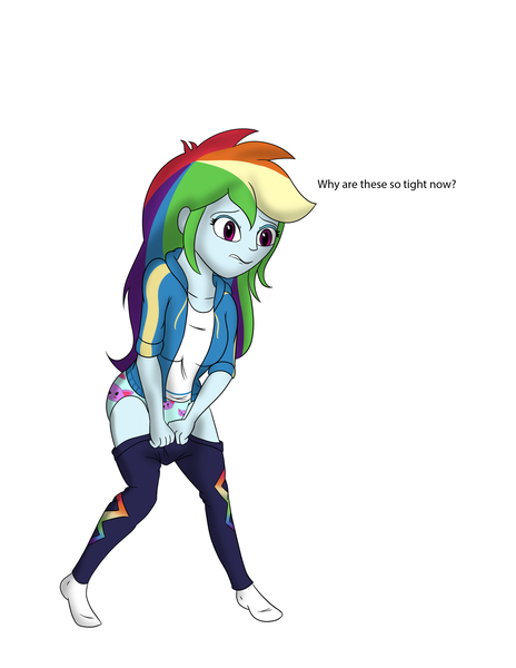 Size: 2550x3300 | Tagged: suggestive, artist:diaperednight, derpibooru import, rainbow dash, equestria girls, equestria girls series, breasts, clothes, female, panties, pants, pants down, simple background, solo, underwear