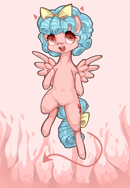 Size: 600x867 | Tagged: safe, artist:misukitty, derpibooru import, cozy glow, pegasus, pony, school raze, devil, devil tail, female, filly, floating horn, looking at you, simple background, solo