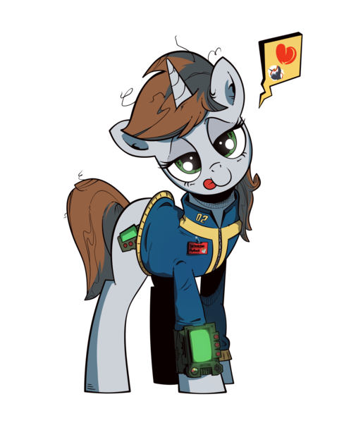 Size: 1950x2400 | Tagged: safe, artist:iiapiiiubbiu, derpibooru import, oc, oc:littlepip, unofficial characters only, pony, unicorn, fallout equestria, fanfic, clothes, cutie mark, fanfic art, female, hooves, horn, i can't believe it's not idw, implied lesbian, implied shipping, looking at you, love, mare, open mouth, pictogram, pipbuck, simple background, solo, teeth, tongue out, transparent background, vault suit, weapon