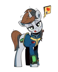 Size: 1950x2400 | Tagged: safe, artist:iiapiiiubbiu, derpibooru import, oc, oc:littlepip, unofficial characters only, pony, unicorn, fallout equestria, fanfic, clothes, cutie mark, fanfic art, female, hooves, horn, i can't believe it's not idw, implied lesbian, implied shipping, looking at you, love, mare, open mouth, pictogram, pipbuck, simple background, solo, teeth, tongue out, transparent background, vault suit, weapon