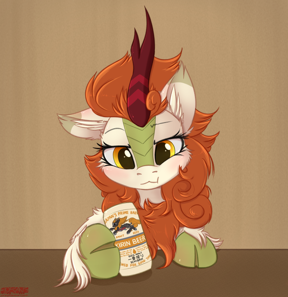 Size: 1640x1689 | Tagged: :3, alcohol, artist:orang111, autumn blaze, awwtumn blaze, beer, blushing, can, cheek fluff, chest fluff, cloven hooves, cute, derpibooru import, ear fluff, female, floppy ears, fluffy, hoof hold, kirin, kirin beer, kirin ichiban, leaning, leg fluff, lidded eyes, looking at you, product placement, puffy cheeks, raised eyebrow, safe, scrunchy face, shoulder fluff, smiling, solo, sounds of silence, :t, unshorn fetlocks