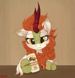 Size: 1640x1689 | Tagged: :3, alcohol, artist:orang111, autumn blaze, awwtumn blaze, beer, blushing, can, cheek fluff, chest fluff, cloven hooves, cute, derpibooru import, ear fluff, female, floppy ears, fluffy, hoof hold, kirin, kirin beer, kirin ichiban, leaning, leg fluff, lidded eyes, looking at you, product placement, puffy cheeks, raised eyebrow, safe, scrunchy face, shoulder fluff, smiling, solo, sounds of silence, :t, unshorn fetlocks