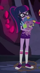 Size: 356x643 | Tagged: safe, derpibooru import, screencap, sci-twi, spike, spike the regular dog, sunset shimmer, twilight sparkle, dog, equestria girls, legend of everfree, camp everfree outfits, clothes, converse, cropped, female, glasses, legs, male, offscreen character, paws, ponytail, shoes, shorts, sneakers, socks