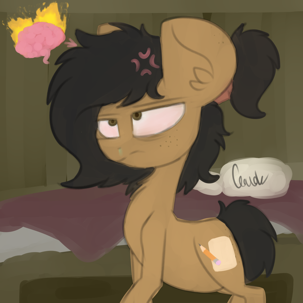 Size: 3000x3000 | Tagged: artist:claudearts, bed, blanket, bloodshot eyes, brain, butt freckles, cutie mark, derpibooru import, ear freckles, fire, freckles, oc, oc:sketcher, pillow, runny nose, safe, sick, solo, unofficial characters only