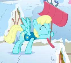 Size: 361x324 | Tagged: safe, derpibooru import, screencap, sassaflash, pegasus, pony, winter wrap up, background pony, cropped, dexterous hooves, eyes closed, female, hoof hold, mare, snow, snow shovel, solo focus, spread wings, weather team, wings, winter wrap up song, winter wrap up vest