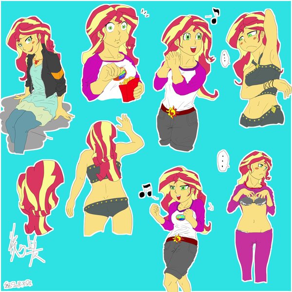 Size: 2000x2000 | Tagged: suggestive, artist:sozglitch, derpibooru import, sunset shimmer, equestria girls, arm behind head, armpits, bedroom eyes, belly button, bikini, blue background, blushing, bra, breasts, camp everfree outfits, clothes, jacket, leather jacket, lidded eyes, shirt, shirt lift, simple background, swimsuit, underwear, undressing