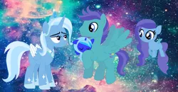 Size: 960x500 | Tagged: safe, artist:mlpdoodlesandstuff, derpibooru import, open skies, trixie, oc, alicorn, pegasus, pony, alicorn oc, alicornified, baby, baby pony, crack shipping, family, female, horn, male, offspring, parent:open skies, parent:trixie, parents:canon x oc, race swap, shipping, straight, trixiecorn, wings