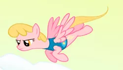 Size: 468x266 | Tagged: safe, derpibooru import, screencap, honey rays, pegasus, pony, winter wrap up, background pony, cropped, female, flying, mare, narrowed eyes, solo, weather team, winter wrap up vest