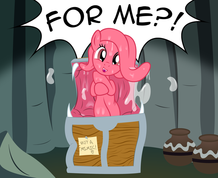 Size: 3105x2550 | Tagged: safe, artist:badumsquish, derpibooru import, oc, oc:notta, unofficial characters only, mimic, mimic pony, monster pony, original species, badumsquish is trying to murder us, cave, cute, dark, drool, fangs, female, happy, heart, note, open mouth, pot, slimy, solo, talking to viewer, tongue out, treasure chest, yelling