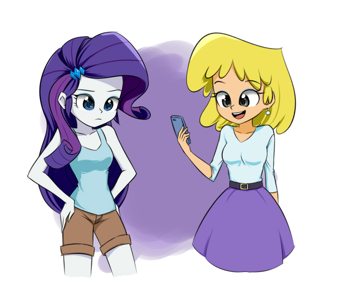 Size: 778x658 | Tagged: safe, artist:twilite-sparkleplz, derpibooru import, rarity, human, equestria girls, belt, clothes, clothes swap, crossover, female, human female, lori loud, mobile phone, nickelodeon, phone, shorts, skirt, sleeveless, smartphone, tanktop, the loud house