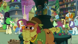 Size: 1280x720 | Tagged: safe, derpibooru import, screencap, cattail, deuce switchell, lavender sunrise, meadowbrook, potion hiss, rockhoof, savage honeydew, unnamed character, unnamed pony, earth pony, pony, a rockhoof and a hard place, background pony, beard, braid, cajun ponies, clothes, facial hair, female, hat, las pegasus resident, male, mare, meadowbrook's home, moustache, rockhoof's shovel, shovel, stallion, swamp fever plant, top hat