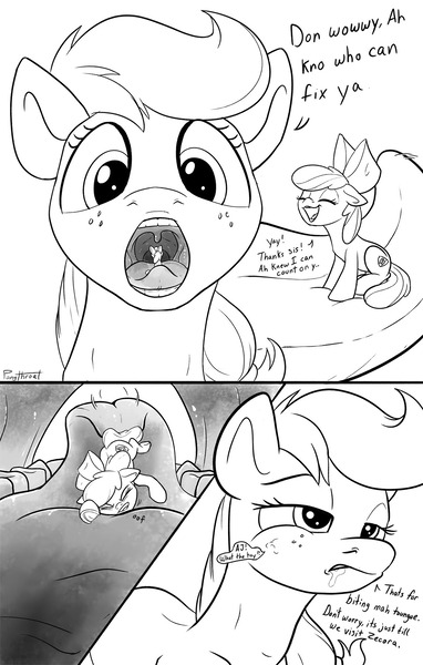 Size: 1200x1887 | Tagged: questionable, artist:ponythroat, derpibooru import, apple bloom, applejack, big macintosh, comic:tiny apple, apple siblings, apple sisters, big sister, big sister instinct, brother and sister, closed mouth, comic, cute, dialogue, female, fetish, filly, happy, imminent vore, implied vore, implied zecora, inside, inside mouth, macro, mare, maw, mawplay, mawshot, micro, mouth, mouth hold, mouthplay, open mouth, siblings, sisters, tongue hold, tongue holding, tongue out, tongue play, uvula, vore