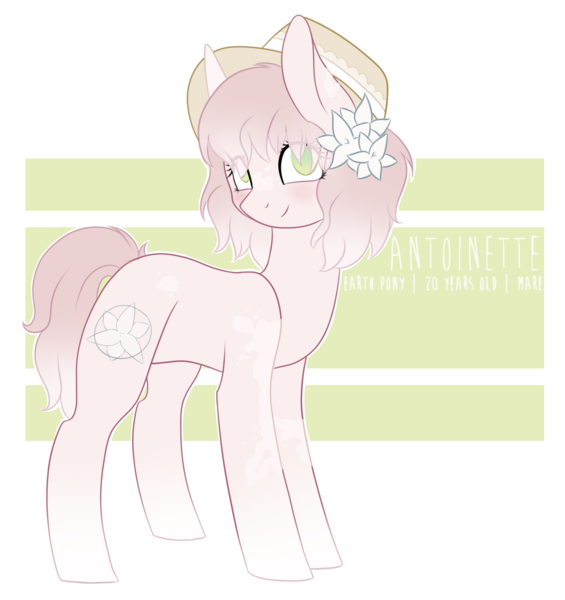 Size: 1600x1700 | Tagged: safe, artist:adostume, derpibooru import, oc, oc:antoinette, unofficial characters only, earth pony, pony, blushing, flower, flower in hair, happy, hat, simple background, smiling, solo, transparent background