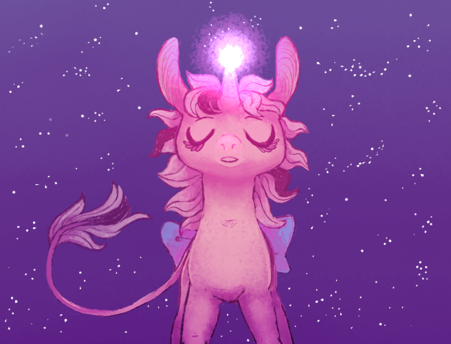 Size: 656x500 | Tagged: safe, artist:winkout, derpibooru import, twilight sparkle, classical unicorn, pony, unicorn, bow, cloven hooves, eyes closed, g1, leonine tail, night, stars, tail bow, teleportation, unshorn fetlocks, winking out