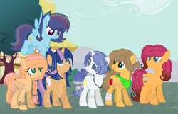 Size: 2395x1543 | Tagged: alicorn, alicorn oc, artist:oopsy-dupsi, base used, derpibooru import, female, horn, mare, next generation, oc, oc:apple flower, oc:apple kelly, oc:crystal heart, oc:cupcake pie, oc:lightning clouds, oc:starfall, offspring, parent:applejack, parent:big macintosh, parent:caramel, parent:cheese sandwich, parent:fancypants, parent:flash sentry, parent:fluttershy, parent:pinkie pie, parent:rainbow dash, parent:rarity, parents:carajack, parents:cheesepie, parents:flashlight, parents:fluttermac, parent:soarin', parents:raripants, parents:soarindash, parent:twilight sparkle, safe, unofficial characters only, watermark, wings