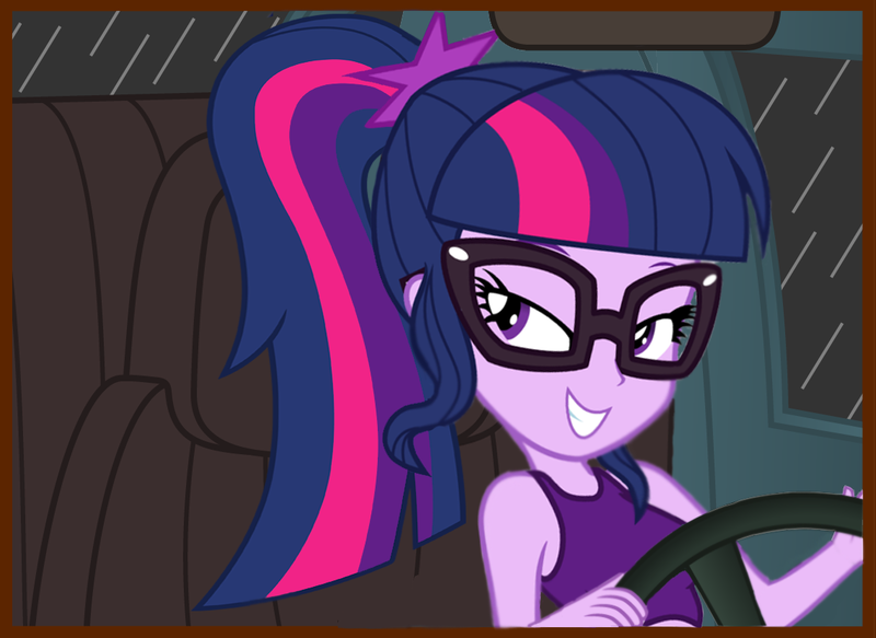 Size: 1139x830 | Tagged: safe, artist:ampersandxyz, artist:colonel-majora-777, derpibooru import, edit, sci-twi, twilight sparkle, equestria girls, bedroom eyes, car, car interior, clothes, cute, driving, glasses, grin, ponytail, show accurate, smiling, solo, steering wheel