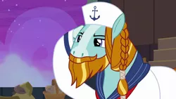 Size: 1280x720 | Tagged: safe, derpibooru import, screencap, rockhoof, earth pony, pony, a rockhoof and a hard place, beard, braid, clothes, facial hair, male, moustache, sailor uniform, salute, solo, stallion, uniform