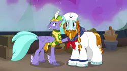 Size: 1280x720 | Tagged: safe, derpibooru import, screencap, rockhoof, seaspray, classical hippogriff, earth pony, hippogriff, pony, a rockhoof and a hard place, beard, braid, clothes, duo, facial hair, hat, male, moustache, sailor hat, sailor uniform, stallion, uniform