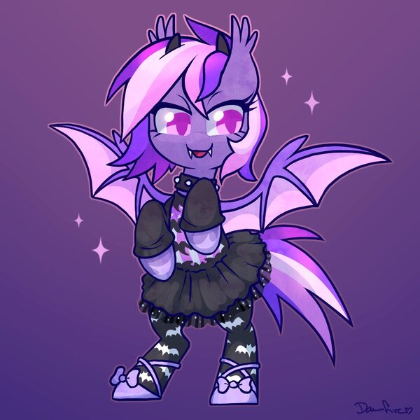 Size: 900x900 | Tagged: safe, artist:dawnfire, derpibooru import, oc, oc:midnight mist, unofficial characters only, bat pony, pony, bat pony oc, bat wings, bipedal, clothes, collar, dress, fangs, female, goth, gothic, gothic lolita, gradient background, mare, shoes, socks, solo, sparkles, thigh highs, tutu, wings