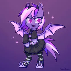 Size: 900x900 | Tagged: safe, artist:dawnfire, derpibooru import, oc, oc:midnight mist, unofficial characters only, bat pony, pony, bat pony oc, bat wings, bipedal, clothes, collar, dress, fangs, female, goth, gothic, gothic lolita, gradient background, mare, shoes, socks, solo, sparkles, thigh highs, tutu, wings