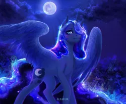 Size: 1920x1580 | Tagged: safe, artist:elzafox, derpibooru import, princess luna, alicorn, pony, color porn, female, looking at you, mare, missing accessory, moon, night, solo, spread wings, wings