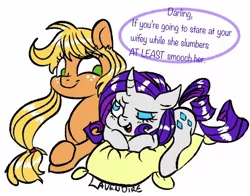 Size: 1280x1006 | Tagged: safe, artist:lavendire, derpibooru import, applejack, rarity, cute, darling, female, lesbian, pillow, rarijack, shipping