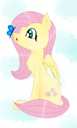 Size: 1500x2500 | Tagged: safe, artist:salad-puncher, derpibooru import, fluttershy, butterfly, pegasus, pony, butterfly on nose, female, insect on nose, looking at something, mare, open mouth, profile, sitting, solo, spread wings, wings