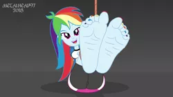 Size: 3999x2249 | Tagged: suggestive, artist:metalhead97, derpibooru import, rainbow dash, equestria girls, arm behind back, barefoot, bedroom eyes, big breasts, bondage, breasts, clothes, curves, curvy, dashsub, feet, female, femsub, fetish, foot fetish, foot focus, gradient background, image, large butt, looking at you, nail polish, offscreen character, perspective, png, pov, rope, rope bondage, show accurate, soles, submissive, thick, toenail polish, toenails, toes
