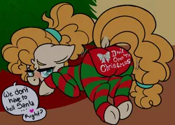 Size: 1280x915 | Tagged: suggestive, artist:/d/non, derpibooru import, pear butter, earth pony, pony, blushing, butt, christmas, christmas tree, clothes, dock, female, floppy ears, heart, holiday, looking at you, looking back, mare, open mouth, pajamas, panties, plot, presenting, socks, solo, speech bubble, striped socks, teenager, text, tree, underhoof, underwear