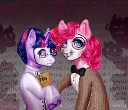 Size: 1024x881 | Tagged: safe, artist:cuteautistic, derpibooru import, pinkie pie, twilight sparkle, pony, clothes, crossover, doctor faraday, face paint, uncle jack, we happy few