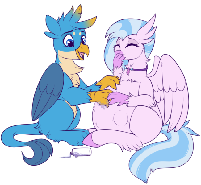 Size: 841x775 | Tagged: safe, artist:lulubell, derpibooru import, gallus, silverstream, classical hippogriff, gryphon, hippogriff, belly, big belly, chest fluff, cute, diastreamies, female, gallabetes, gallstream, interspecies, kicking, male, oil, ointment, older, paw on belly, paws, paws on belly, pregnant, rubbing, shipping, simple background, straight, transparent background