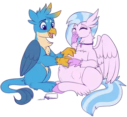 Size: 841x775 | Tagged: safe, artist:lulubell, derpibooru import, gallus, silverstream, classical hippogriff, gryphon, hippogriff, belly, big belly, chest fluff, cute, diastreamies, female, gallabetes, gallstream, interspecies, kicking, male, oil, ointment, older, paw on belly, paws, paws on belly, pregnant, rubbing, shipping, simple background, straight, transparent background