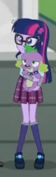 Size: 160x498 | Tagged: safe, derpibooru import, screencap, sci-twi, spike, spike the regular dog, twilight sparkle, dog, equestria girls, friendship games, clothes, cropped, crystal prep academy uniform, female, glasses, male, pleated skirt, school uniform, shoes, skirt, socks