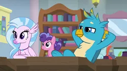 Size: 1280x720 | Tagged: safe, derpibooru import, screencap, gallus, ocellus, silverstream, a rockhoof and a hard place, cute, diastreamies, gallabetes, leaning back, paws