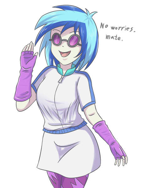 Size: 2728x3637 | Tagged: safe, artist:sumin6301, derpibooru import, vinyl scratch, equestria girls, clothes, female, fingerless gloves, glasses, gloves, leggings, miniskirt, open mouth, simple background, skirt, solo, sunglasses, white background