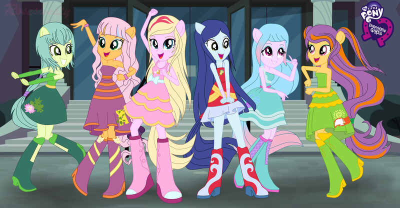 Size: 5775x3000 | Tagged: safe, artist:rosesweety, derpibooru import, equestria girls, astoria rapunzel, base used, boots, canterlot high, clothes, cute, dress, equestria girls logo, equestria girls-ified, fall formal, fall formal outfits, high heel boots, joy lefrog, lily mermaid, lingling ironfan, lori robin hood, regal academy, rose cinderella, shoes, skirt