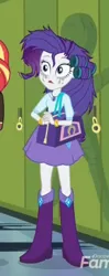 Size: 210x529 | Tagged: safe, derpibooru import, screencap, rarity, sunset shimmer, eqg summertime shorts, equestria girls, monday blues, boots, clothes, cropped, female, messy hair, purse, shoes, skirt