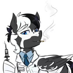 Size: 500x500 | Tagged: safe, artist:jitterbugjive, derpibooru import, oc, oc:slate, pegasus, pony, blue eyes, clothes, doctor, lab coat, pinto, smoking, solo, syringe, two toned mane, two toned wings, wings