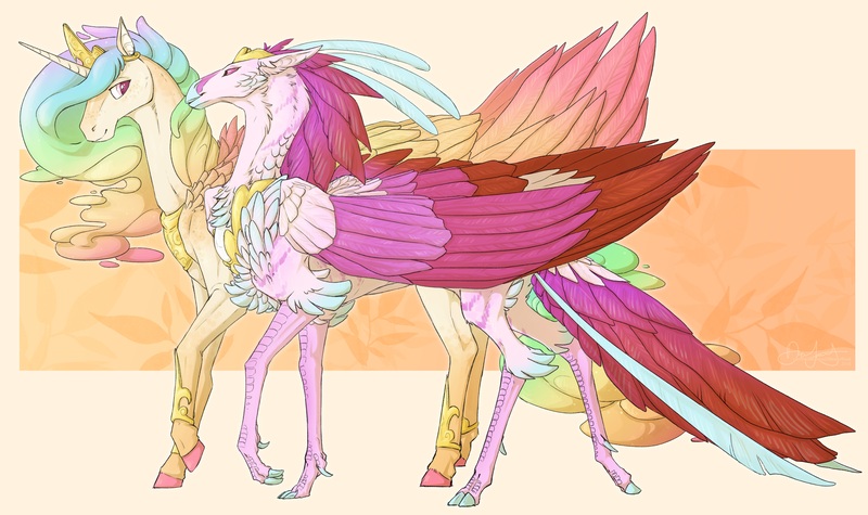 Size: 9600x5700 | Tagged: safe, artist:iceofwaterflock, derpibooru import, princess celestia, queen novo, alicorn, classical hippogriff, hippogriff, pony, my little pony: the movie, absurd resolution, crown, dewclaw, digital art, ethereal mane, female, horn, jewelry, lesbian, mare, novolestia, realistic, realistic anatomy, realistic horse legs, regalia, shipping, smiling, walking, wings