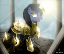 Size: 876x750 | Tagged: safe, artist:zidanemina, derpibooru import, oc, oc:richart spark, unofficial characters only, pony, unicorn, armor, crepuscular rays, crossover, gift art, helmet, lens flare, male, pointing at self, saint seiya, signature, solo, stallion