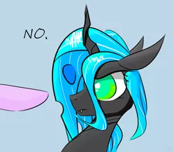 Size: 2167x1904 | Tagged: artist:creepypastapon3, boop denied, changeling, changeling queen, colored pupils, derpibooru import, dialogue, do not want, female, frown, glare, gray background, hooves, imminent boop, leaning back, looking at something, no, queen chrysalis, safe, simple background, solo focus, starlight glimmer, unamused