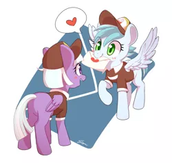 Size: 1082x1024 | Tagged: safe, artist:sion, derpibooru import, appointed rounds, rainy day, pegasus, pony, road to friendship, blushing, duo, duo female, female, hat, lesbian, letter, love letter, mailmare, mailmare hat, mailpony, mailpony uniform, mare, mouth hold, rainy rounds, shipping, spread wings, wings