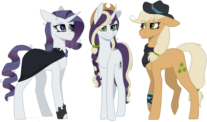 Size: 1605x949 | Tagged: safe, artist:sychia, derpibooru import, mean applejack, mean rarity, oc, oc:rotten core, earth pony, pony, unicorn, icey-verse, the mean 6, bandage, bandana, cape, clone, clothes, commission, cowboy hat, eyeshadow, family, female, hat, lesbian, magical lesbian spawn, makeup, mare, mean rarijack, messy mane, mother and child, mother and daughter, next generation, offspring, parent:mean applejack, parent:mean rarity, parents:mean rarijack, rarijack, shipping, simple background, tape, transparent background