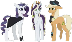 Size: 1605x949 | Tagged: safe, artist:sychia, derpibooru import, mean applejack, mean rarity, oc, oc:rotten core, earth pony, pony, unicorn, icey-verse, the mean 6, bandage, bandana, cape, clone, clothes, commission, cowboy hat, eyeshadow, family, female, hat, lesbian, magical lesbian spawn, makeup, mare, mean rarijack, messy mane, mother and child, mother and daughter, next generation, offspring, parent:mean applejack, parent:mean rarity, parents:mean rarijack, rarijack, shipping, simple background, tape, transparent background