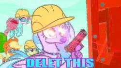 Size: 921x518 | Tagged: applejack, caption, dank memes, deep fried meme, delet this, derpibooru import, edit, edited screencap, glock, glowing eyes, glowing eyes meme, gun, handgun, hippogriff, image macro, meme, non-compete clause, ocellus, pistol, reaction image, safe, sandbar, screencap, silverstream, text, weapon