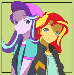 Size: 499x506 | Tagged: safe, artist:kasumaky, derpibooru import, starlight glimmer, sunset shimmer, equestria girls, anime, base used, beanie, best friends, blushing, clothes, female, hat, jacket, lesbian, shimmerglimmer, shipping