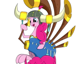 Size: 1850x1520 | Tagged: safe, artist:dualtry, derpibooru import, pinkie pie, earth pony, pony, yakity-sax, female, helmet, honorary yak horns, horned helmet, mare, open mouth, simple background, solo, transparent background, viking helmet, yovidaphone