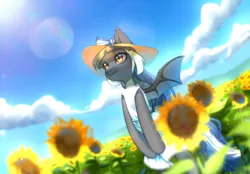 Size: 4000x2777 | Tagged: safe, artist:aphphphphp, derpibooru import, oc, oc:midnight rush, unofficial characters only, bat pony, pony, bat pony oc, bat wings, beautiful, clothes, cloud, commission, day, digital art, female, flower, flying, hat, high res, mare, sky, smiling, spread wings, sunflower, wings, ych result