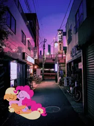 Size: 720x960 | Tagged: artist needed, safe, derpibooru import, editor:lisaloudleijon, applejack, pinkie pie, earth pony, pony, alternate universe, applepie, cute, female, japan, kissing, lesbian, mare, real life background, shipping, tokyo, wallpaper