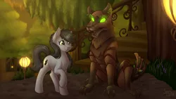 Size: 1280x720 | Tagged: safe, artist:sugaryviolet, derpibooru import, oc, oc:apex, oc:grand, earth pony, golem, pony, timber wolf, fanfic, commission, cutie mark, everfree forest, fanfic art, female, forest, glowing eyes, grass, green eyes, signature, size difference, stairs